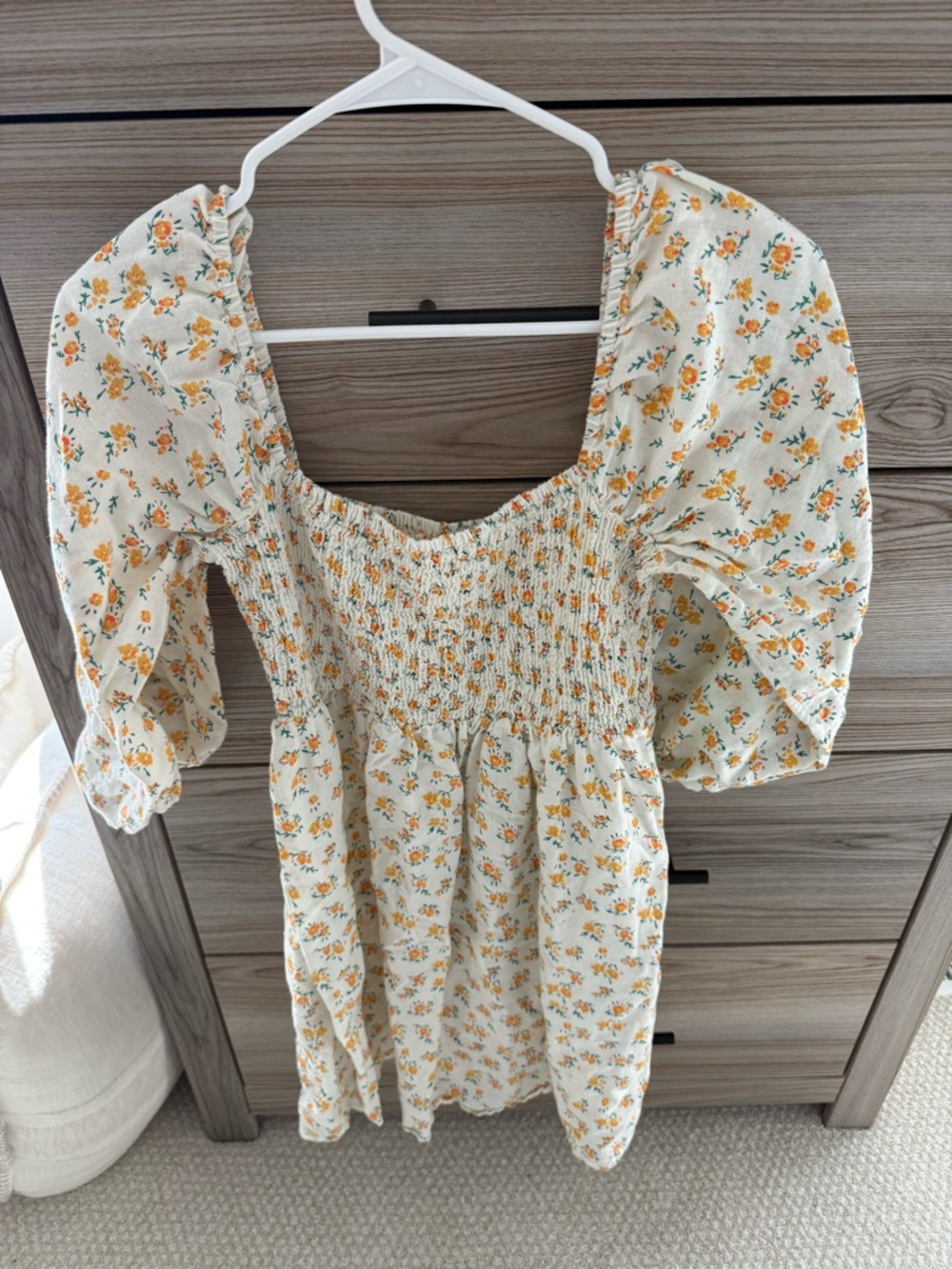 Cream Puff Sleeve Floral Mini Dress — Yellow Orange Blossom Print